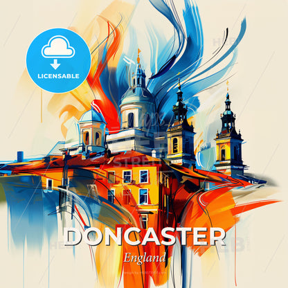 Vibrant Doncaster, England - A Painting Of A Building With Towers And A Colorful Background - Square format print template