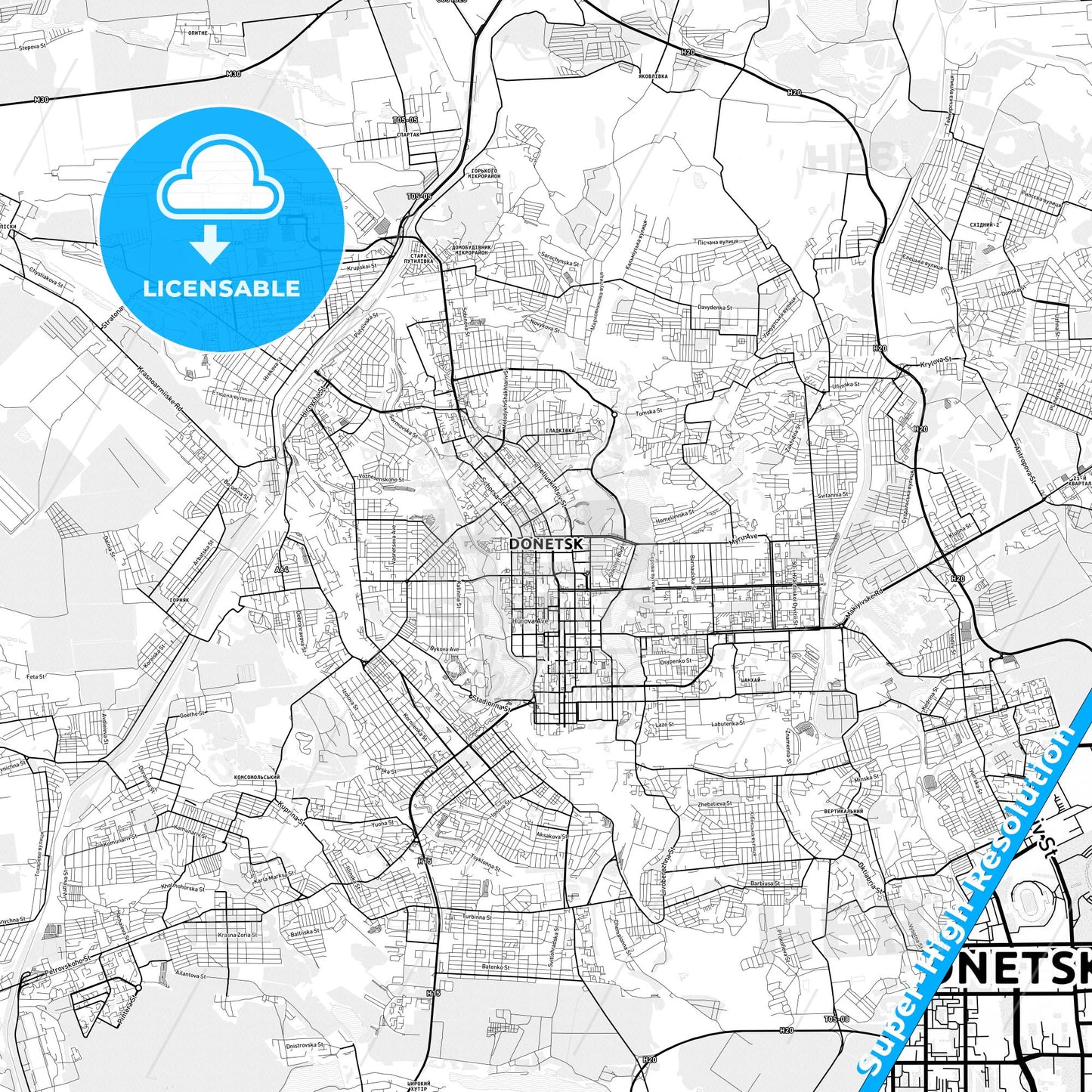 Donetsk, Ukraine light map with streetnames, citynames and districts