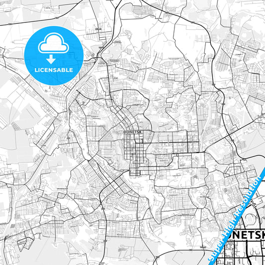 Donetsk, Ukraine light map with streetnames, citynames and districts