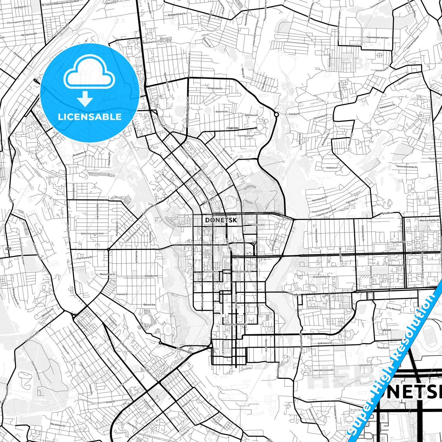 Donetsk, Ukraine Light Map with Street Names, City Names, and Districts