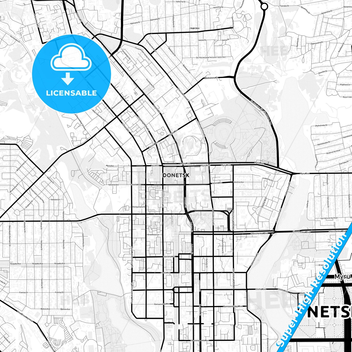 Donetsk, Ukraine Light Map with Street Names, City Names, and Districts