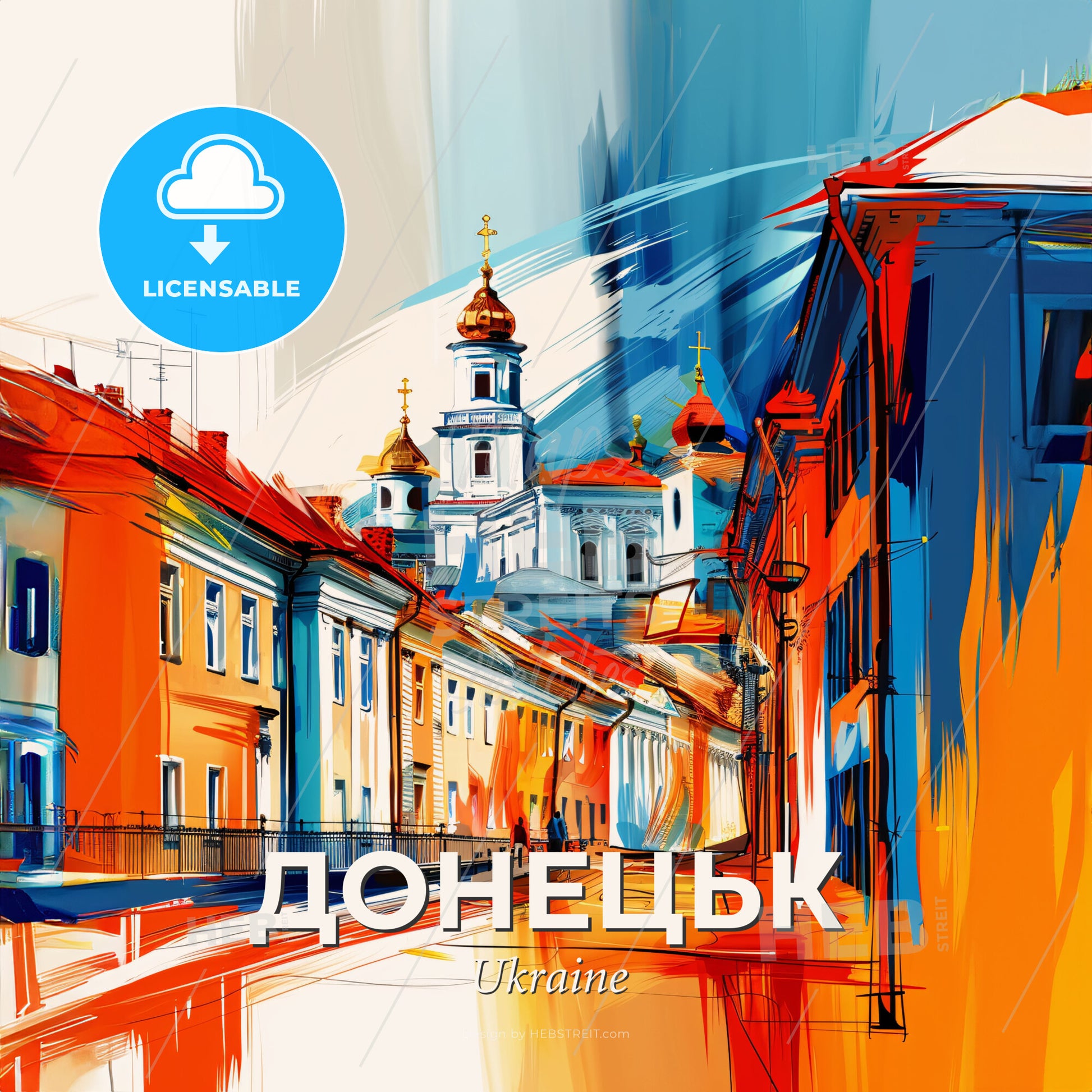 Vibrant Донецьк, Ukraine - A Street With Buildings And A Church In The Background - Square format print template