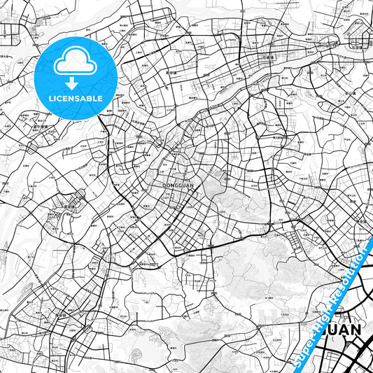 Dongguan, China light map with streetnames, citynames and districts