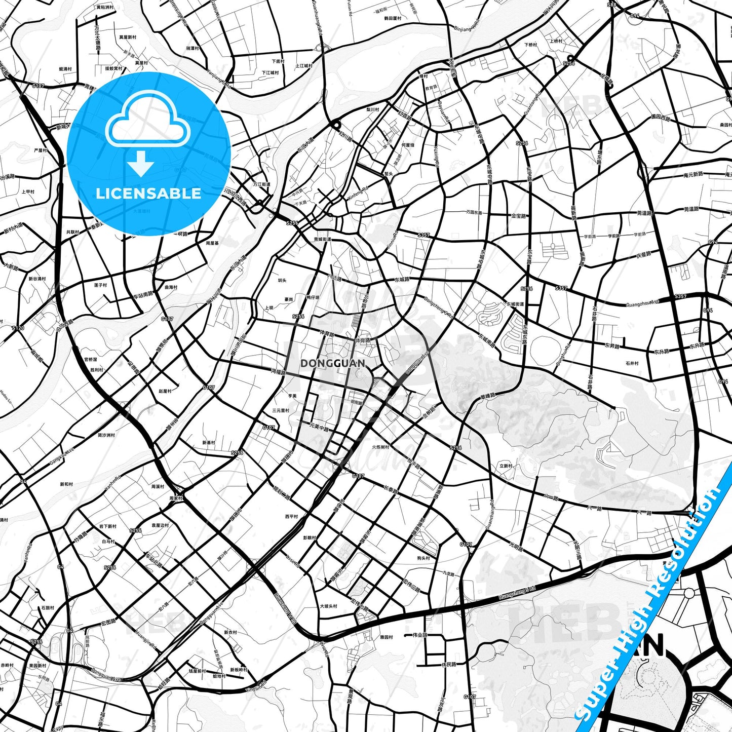 Dongguan, China Light Map with Street Names, City Names, and Districts
