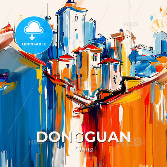 Vibrant Dongguan, China - A Painting Of Buildings And Roofs - Square format print template