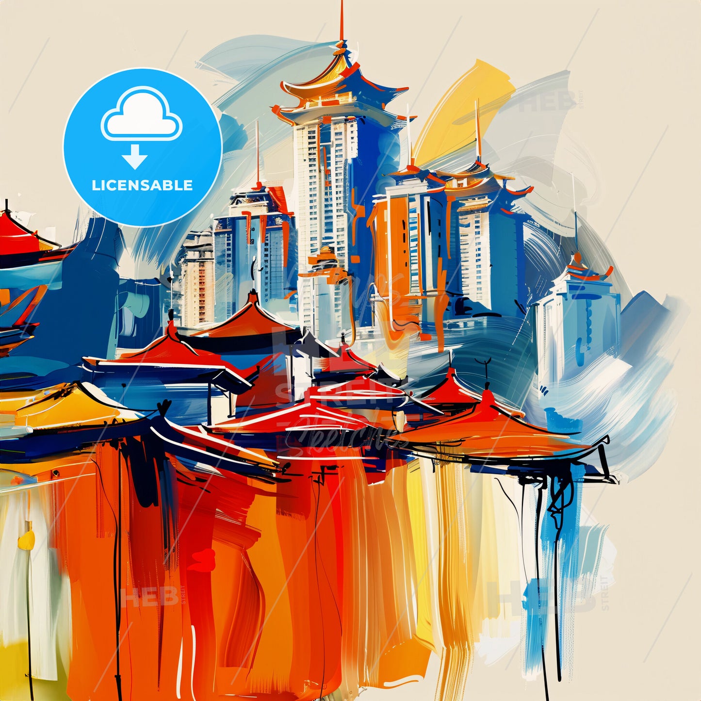 Vibrant Dongguan, China - A Painting Of Buildings And Roofs