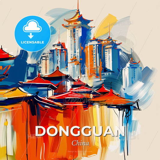 Vibrant Dongguan, China - A Painting Of Buildings And Roofs - Square format print template