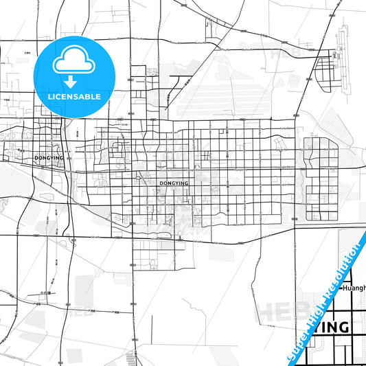 Dongying, China light map with streetnames, citynames and districts