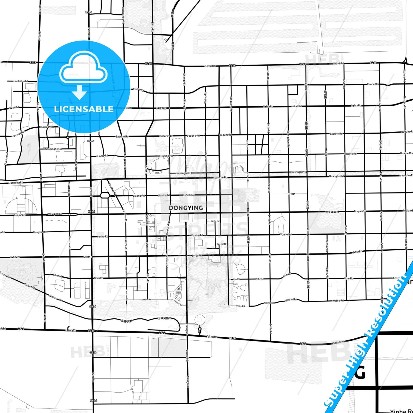 Dongying, China Light Map with Street Names, City Names, and Districts