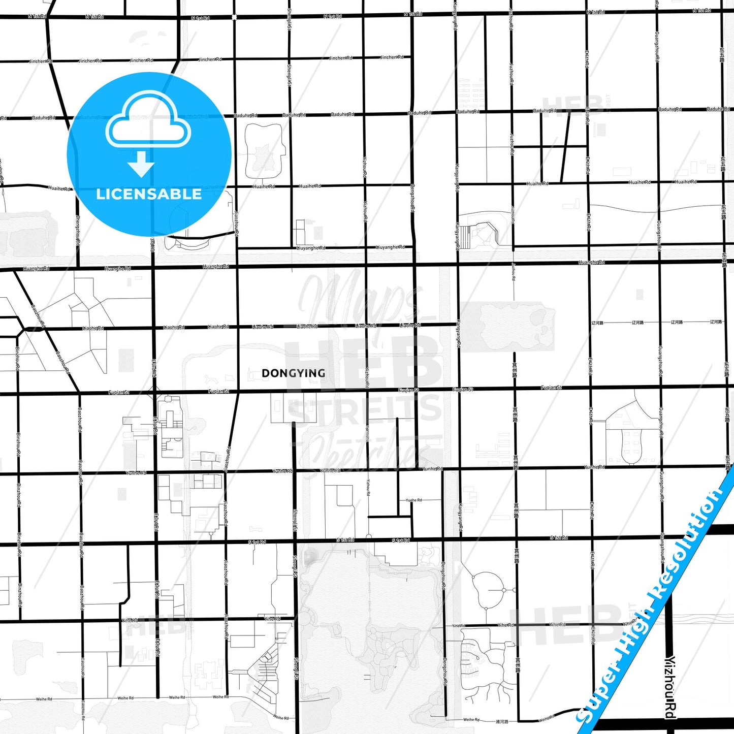 Dongying, China Light Map with Street Names, City Names, and Districts