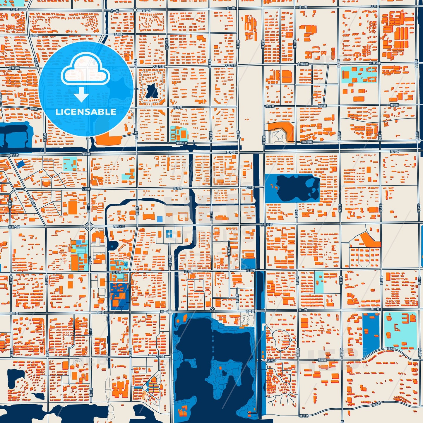 Colorful Dongying Street Map with Labels and Buildings