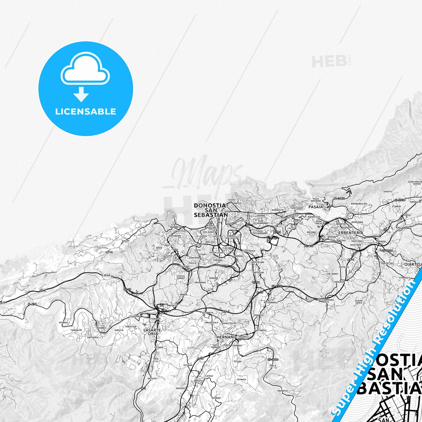 Donostia / San Sebastián, Spain light map with streetnames, citynames and districts