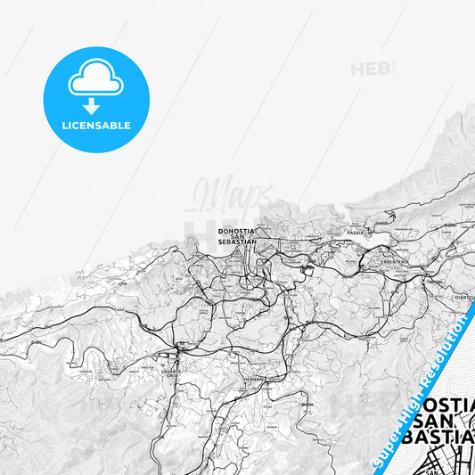 Donostia / San Sebastián, Spain light map with streetnames, citynames and districts