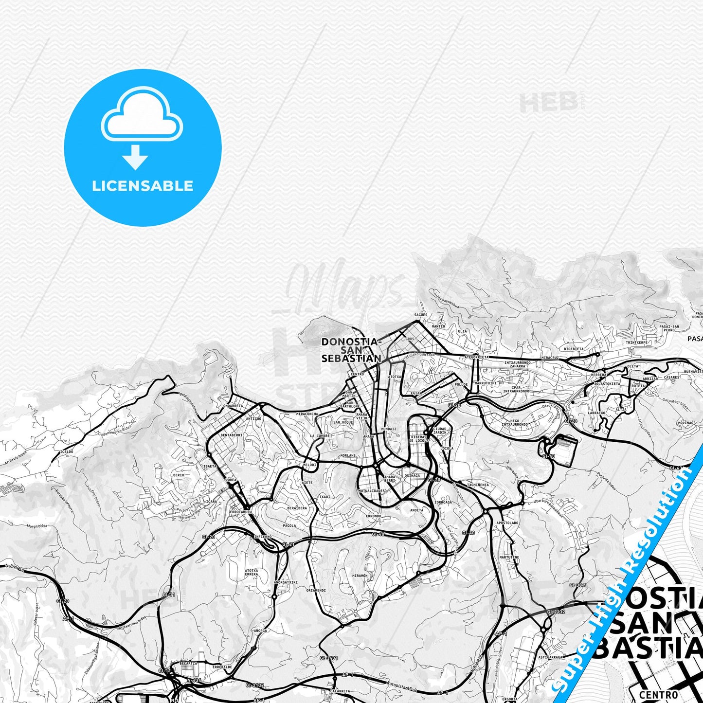 Donostia / San Sebastián, Spain Light Map with Street Names, City Names, and Districts
