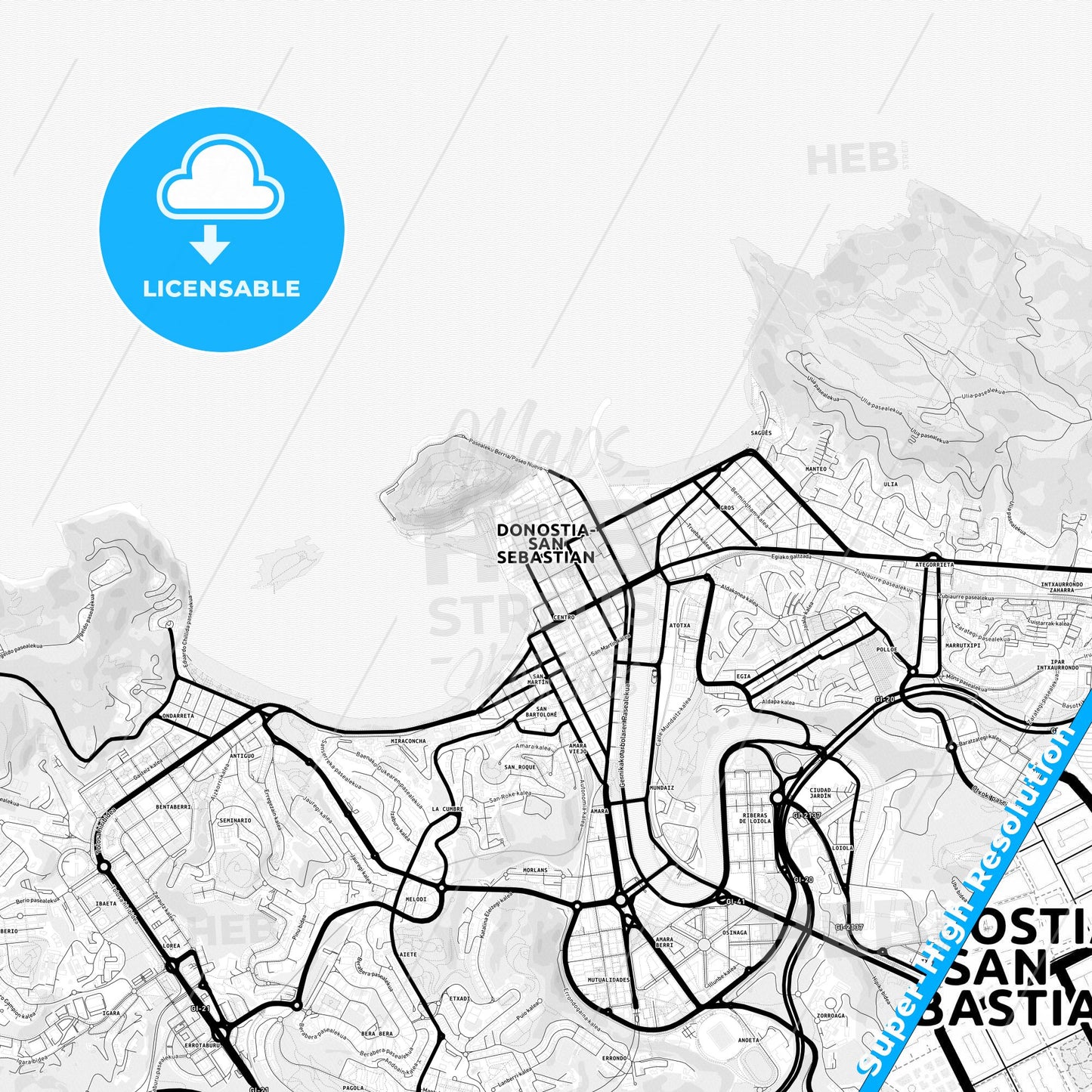 Donostia / San Sebastián, Spain Light Map with Street Names, City Names, and Districts