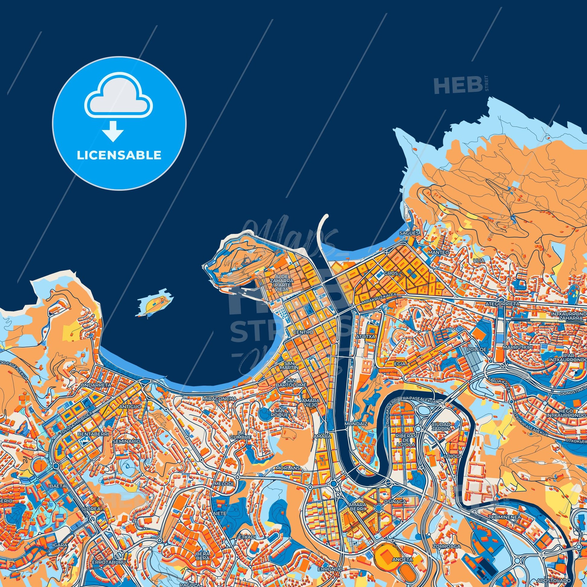 Colorful Donostia / San Sebastián Street Map with Labels and Buildings