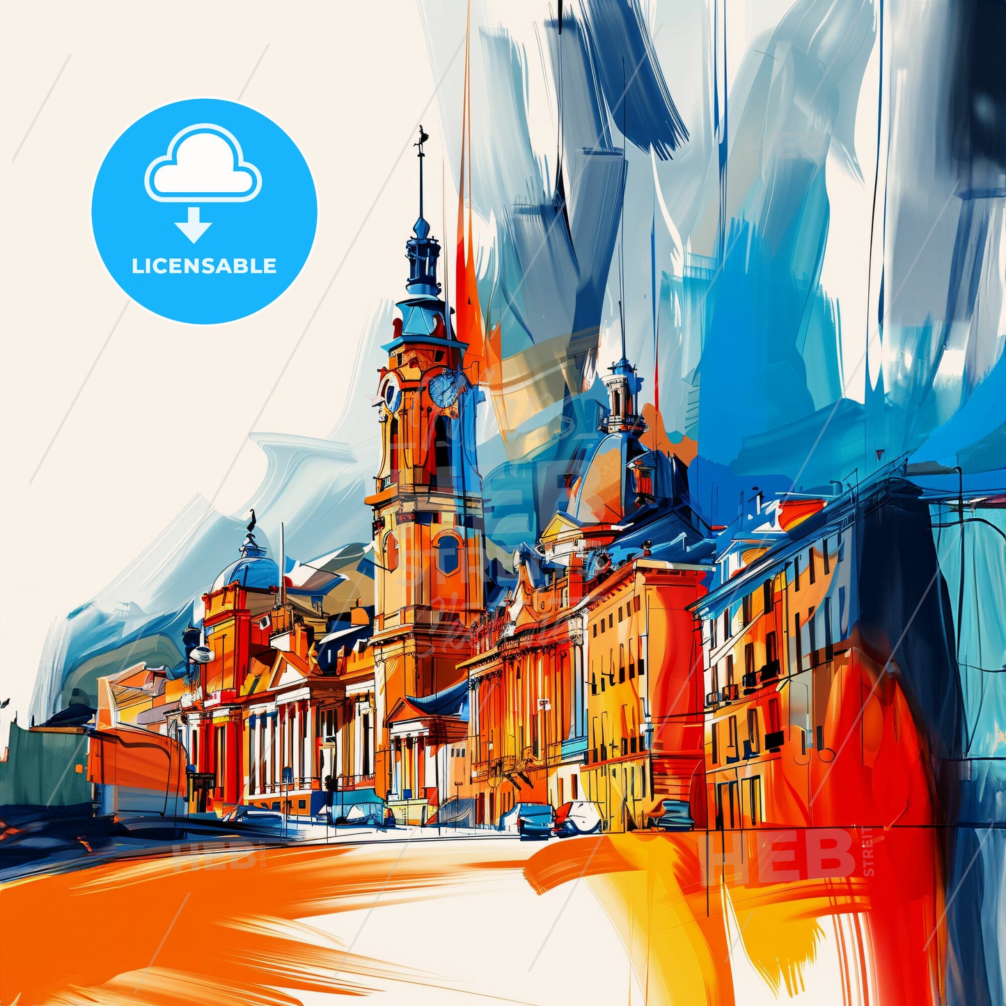 Vibrant Donostia / San Sebastián, Spain - A Painting Of A Skyline With A Colorful Building