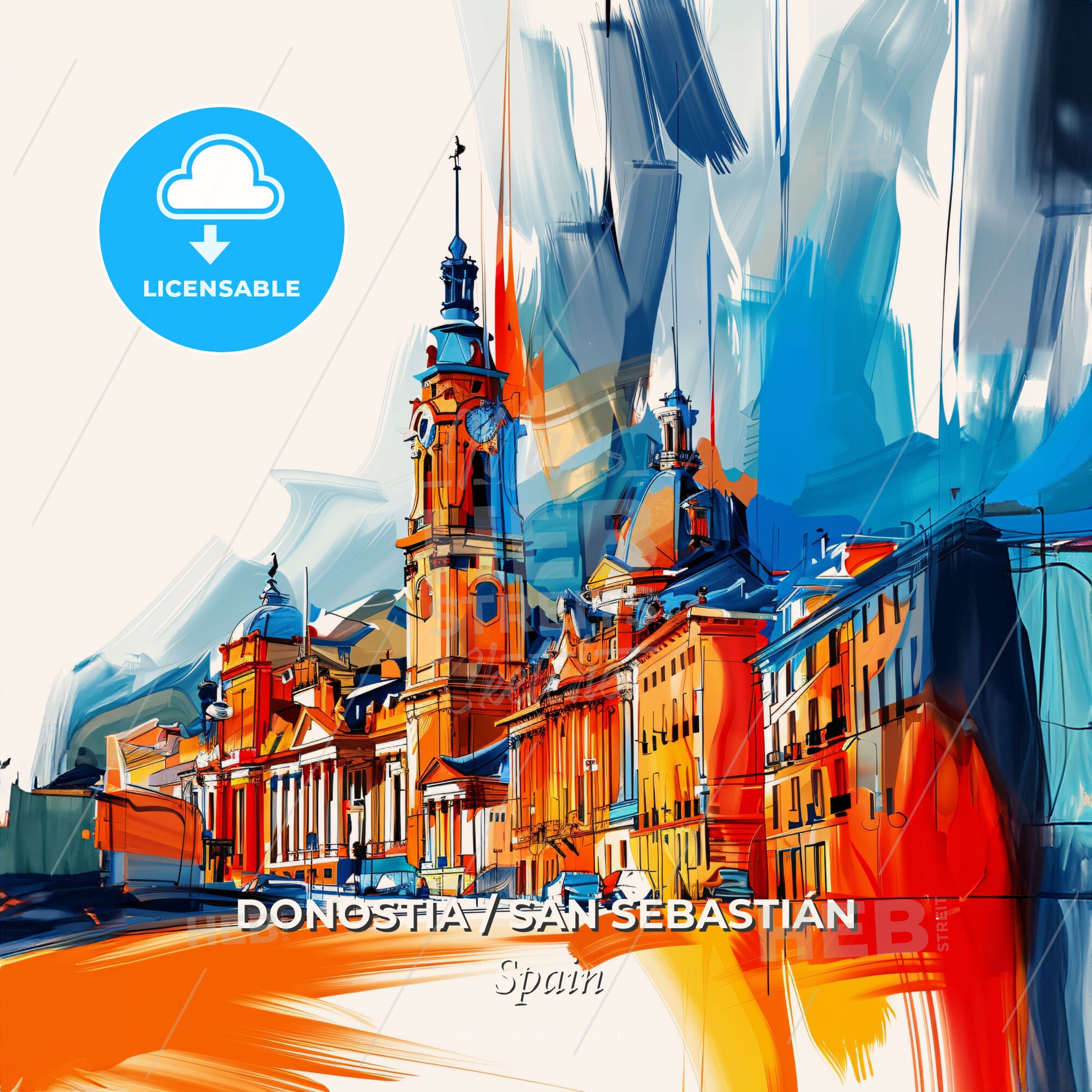Vibrant Donostia / San Sebastián, Spain - A Painting Of A Skyline With A Colorful Building - Square format print template