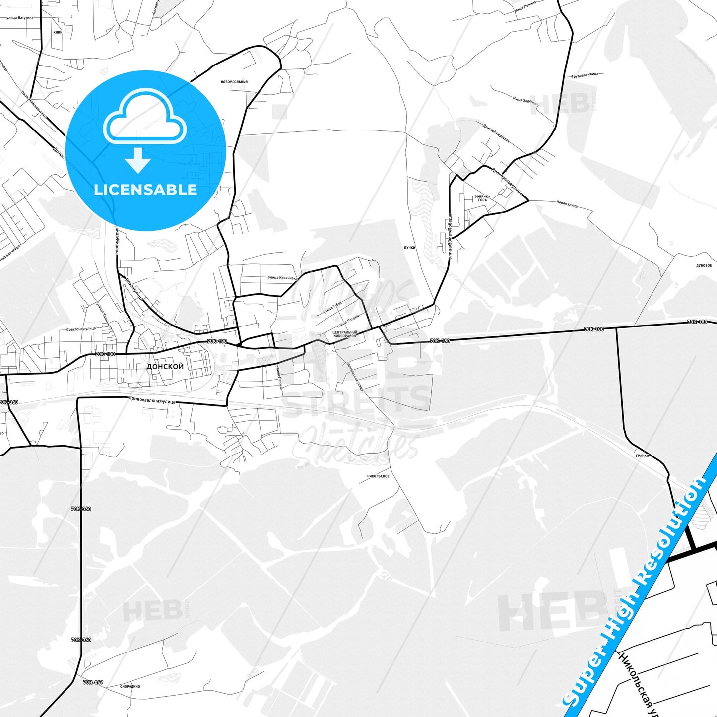 Donskoy, Russia Light Map with Street Names, City Names, and Districts