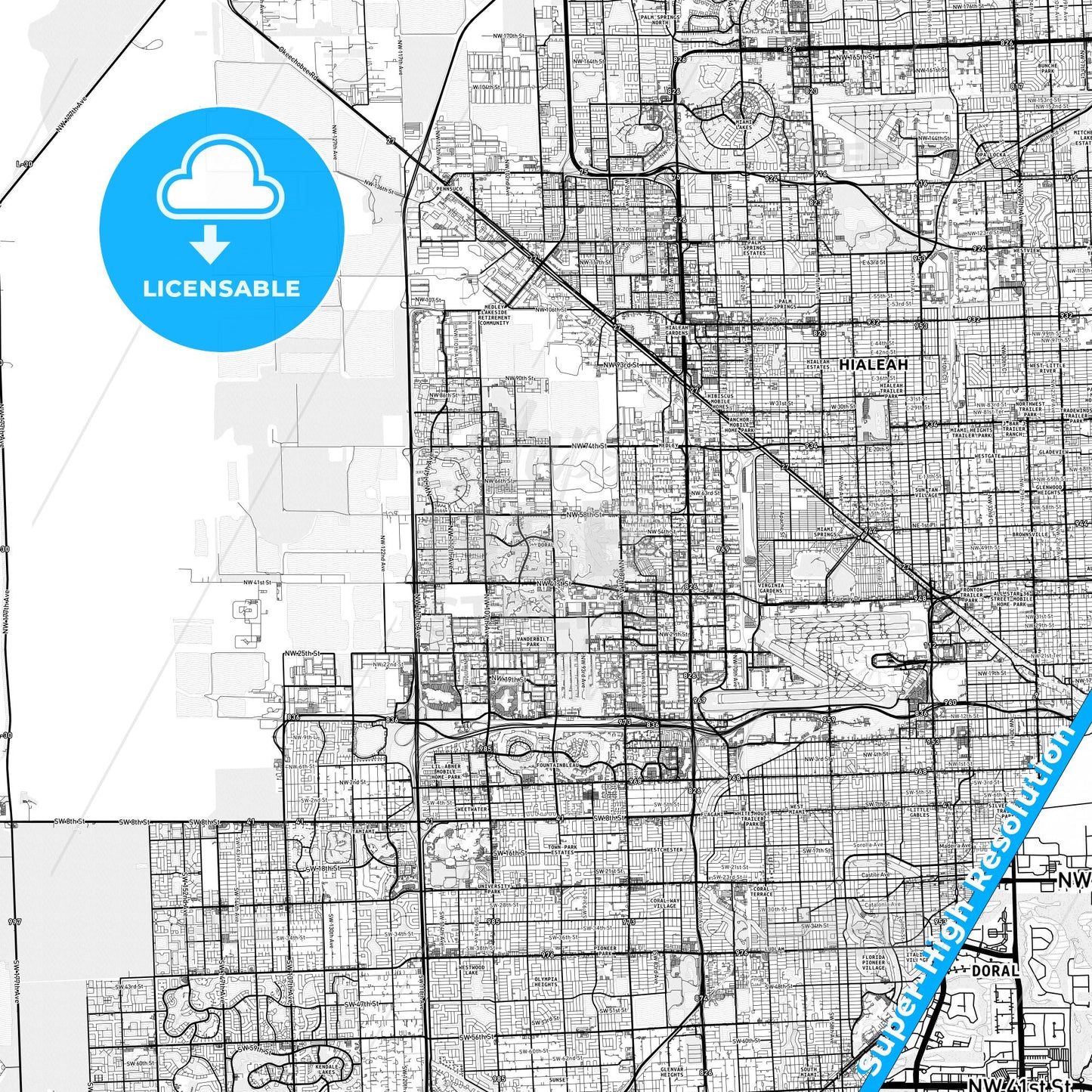 Doral, Florida light map with streetnames, citynames and districts