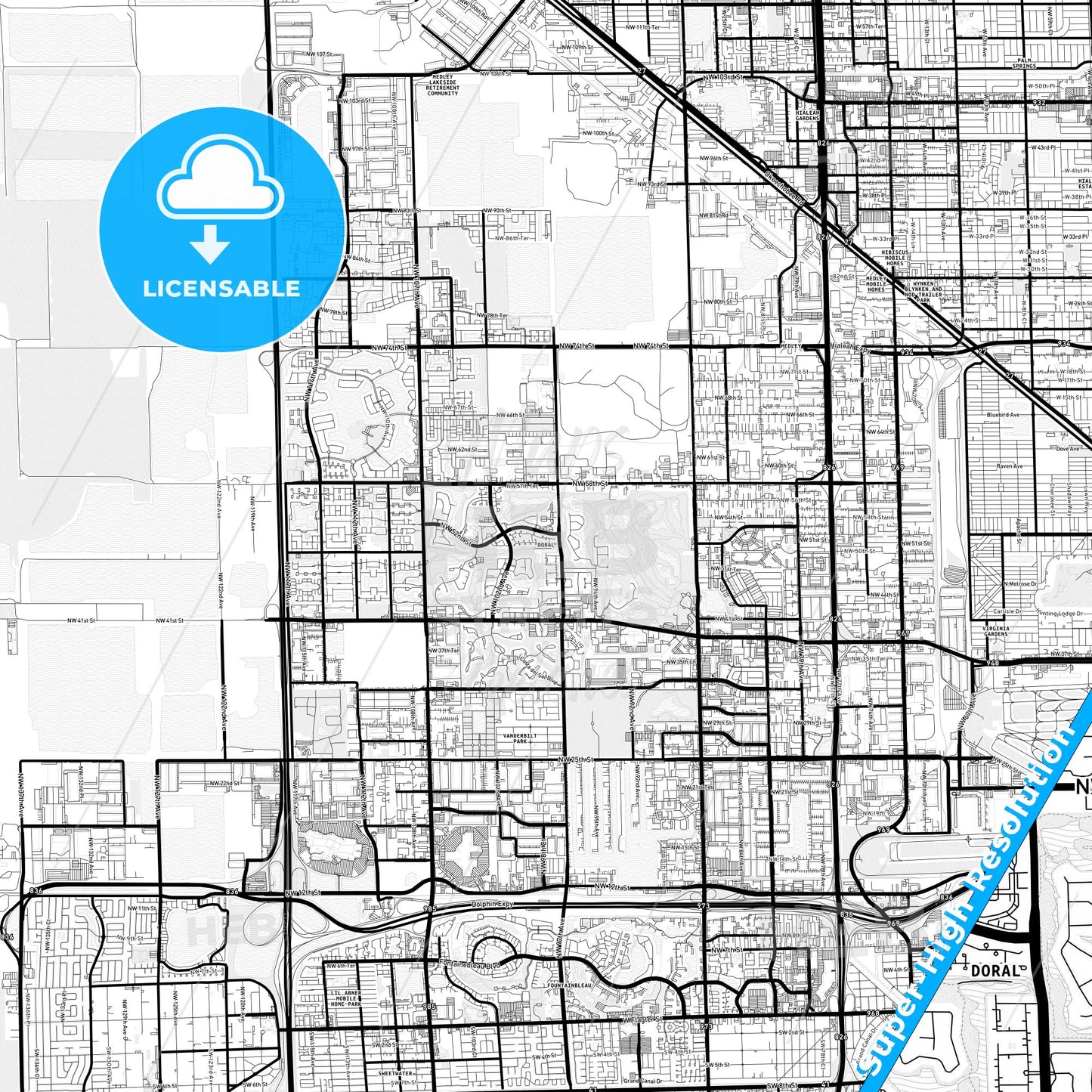 Doral, Florida Light Map with Street Names, City Names, and Districts