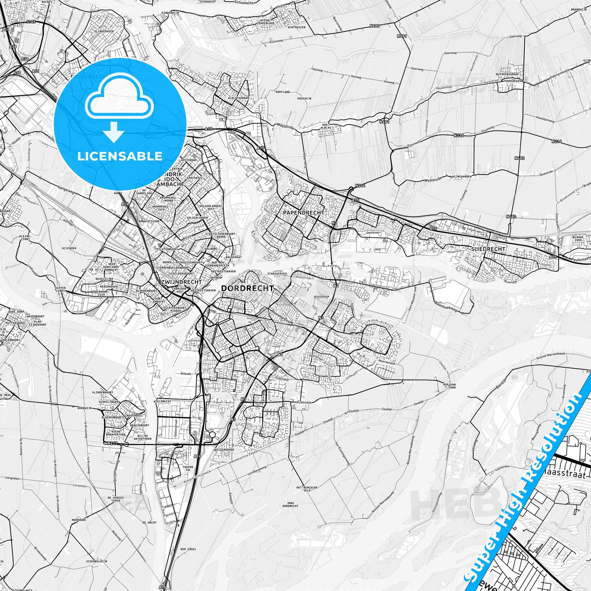 Dordrecht, Netherlands light map with streetnames, citynames and districts