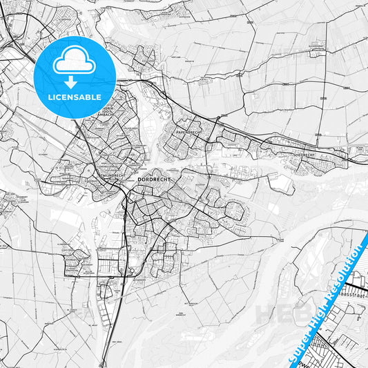 Dordrecht, Netherlands light map with streetnames, citynames and districts
