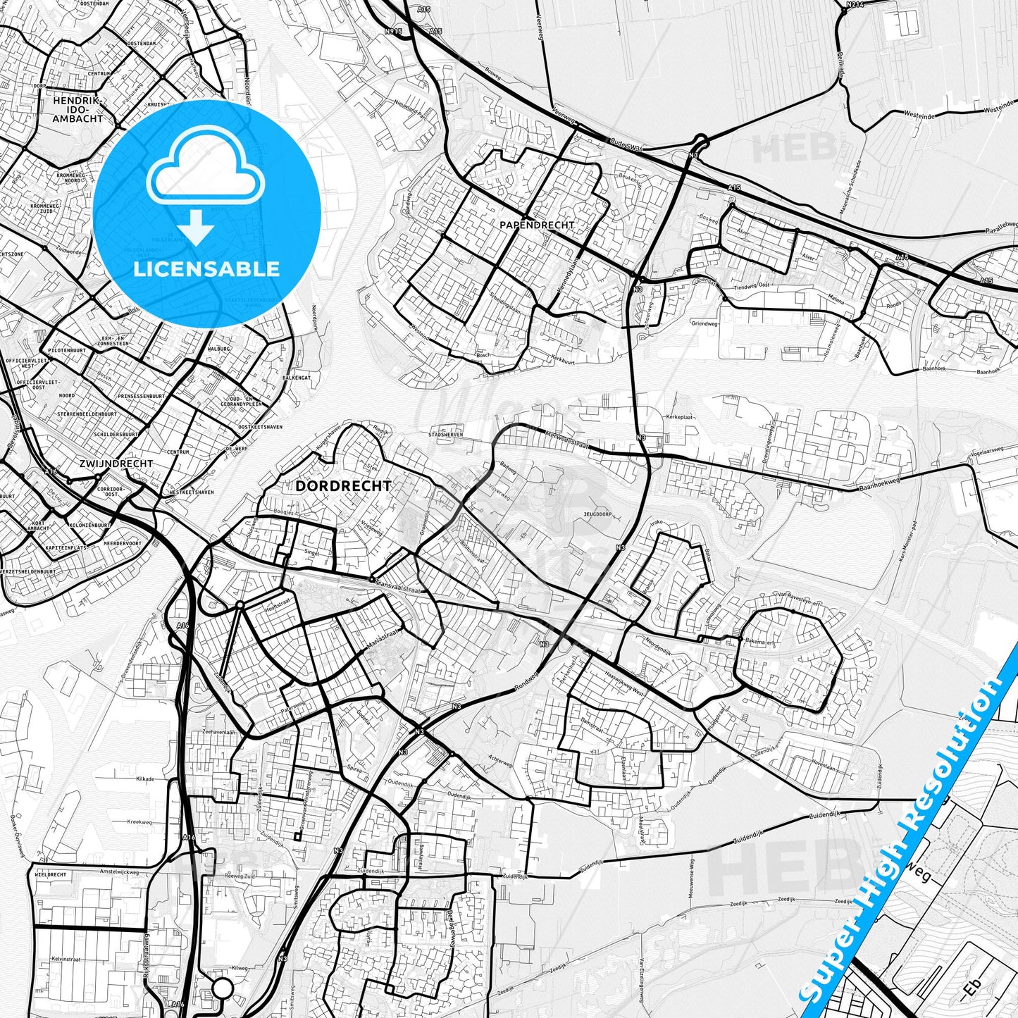 Dordrecht, Netherlands Light Map with Street Names, City Names, and Districts