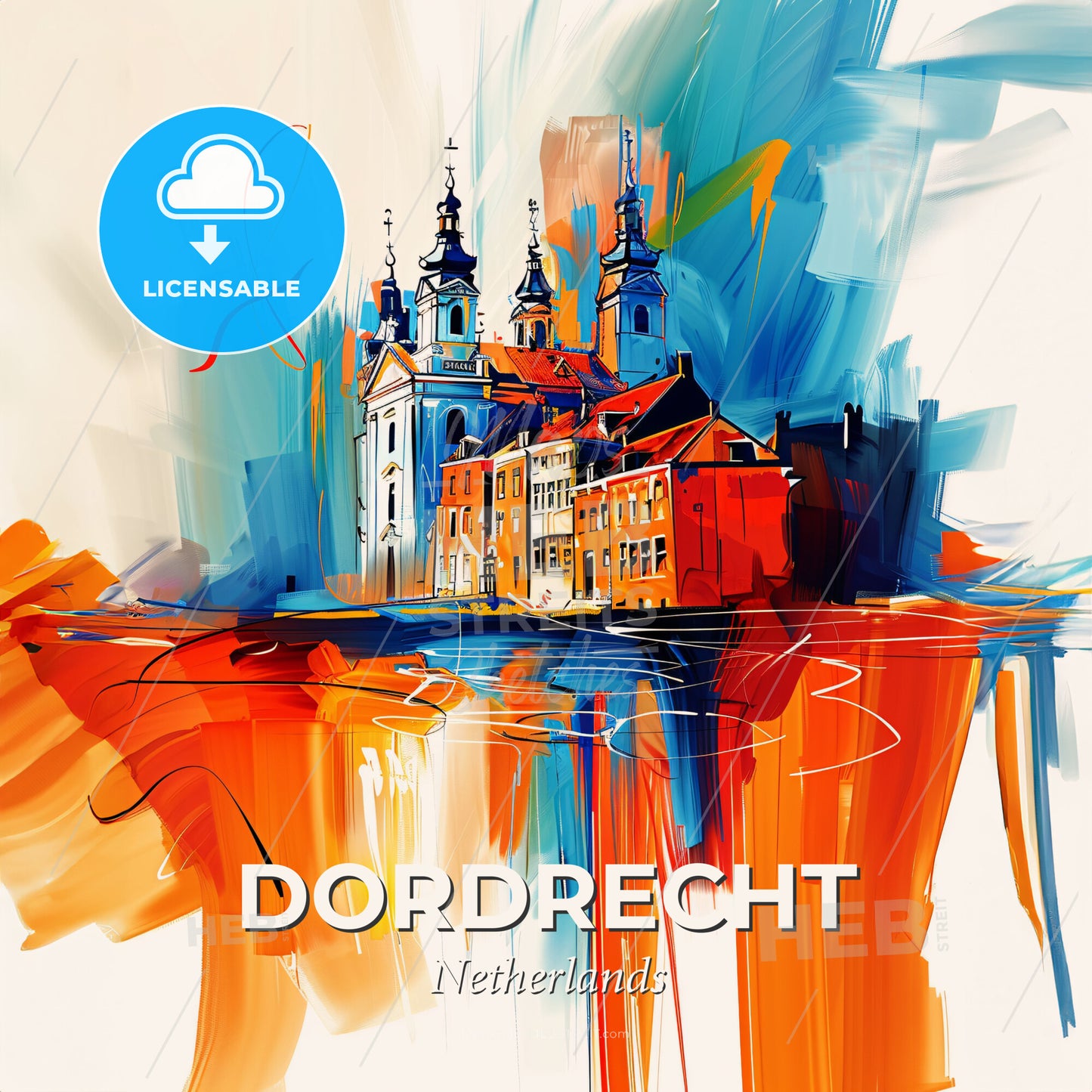Vibrant Dordrecht, Netherlands - A Painting Of A Building With Towers And A Red Building With Blue And Orange Paint - Square format print template