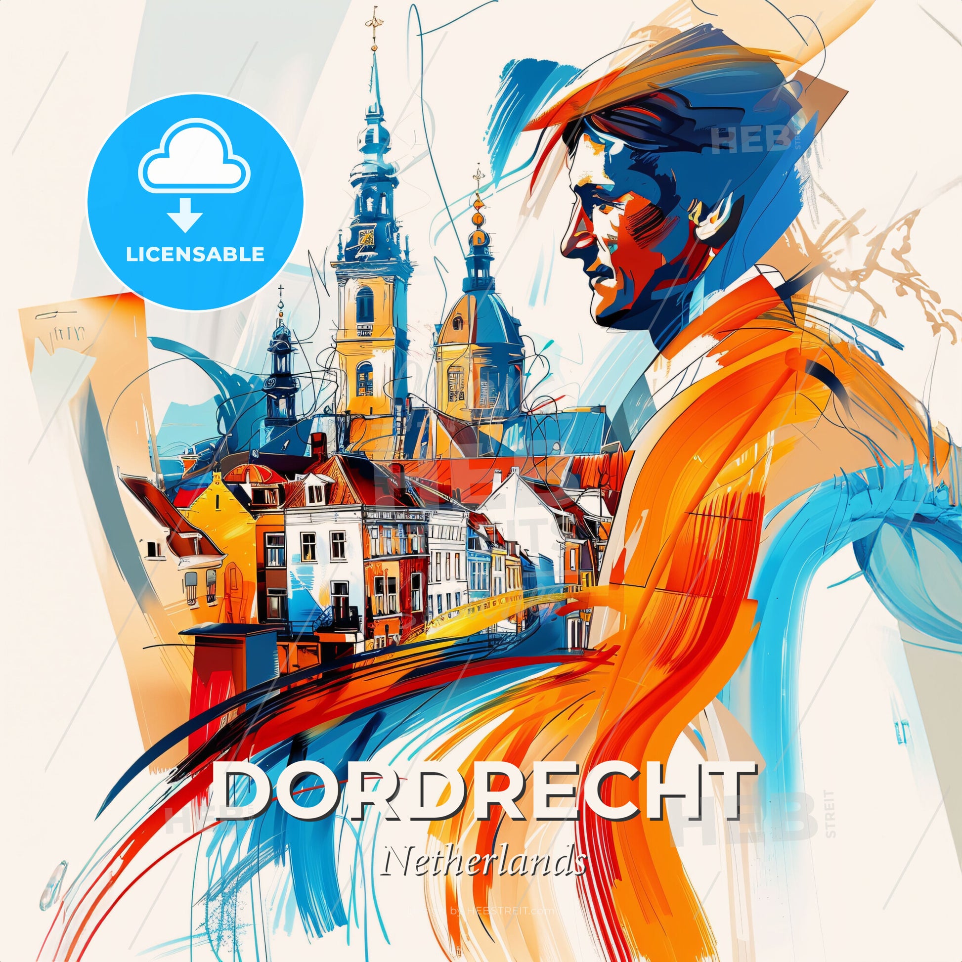Vibrant Dordrecht, Netherlands - A Man In A Hat And Scarf Looking At A City - Square format print template