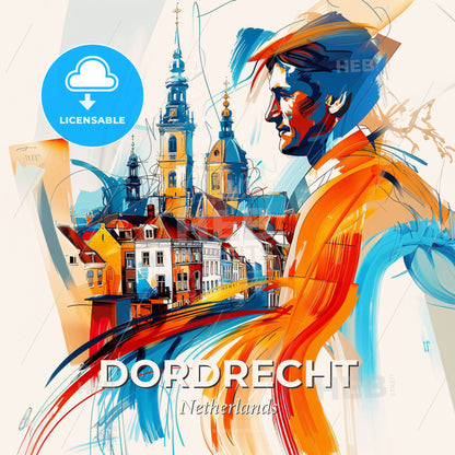 Vibrant Dordrecht, Netherlands - A Man In A Hat And Scarf Looking At A City - Square format print template