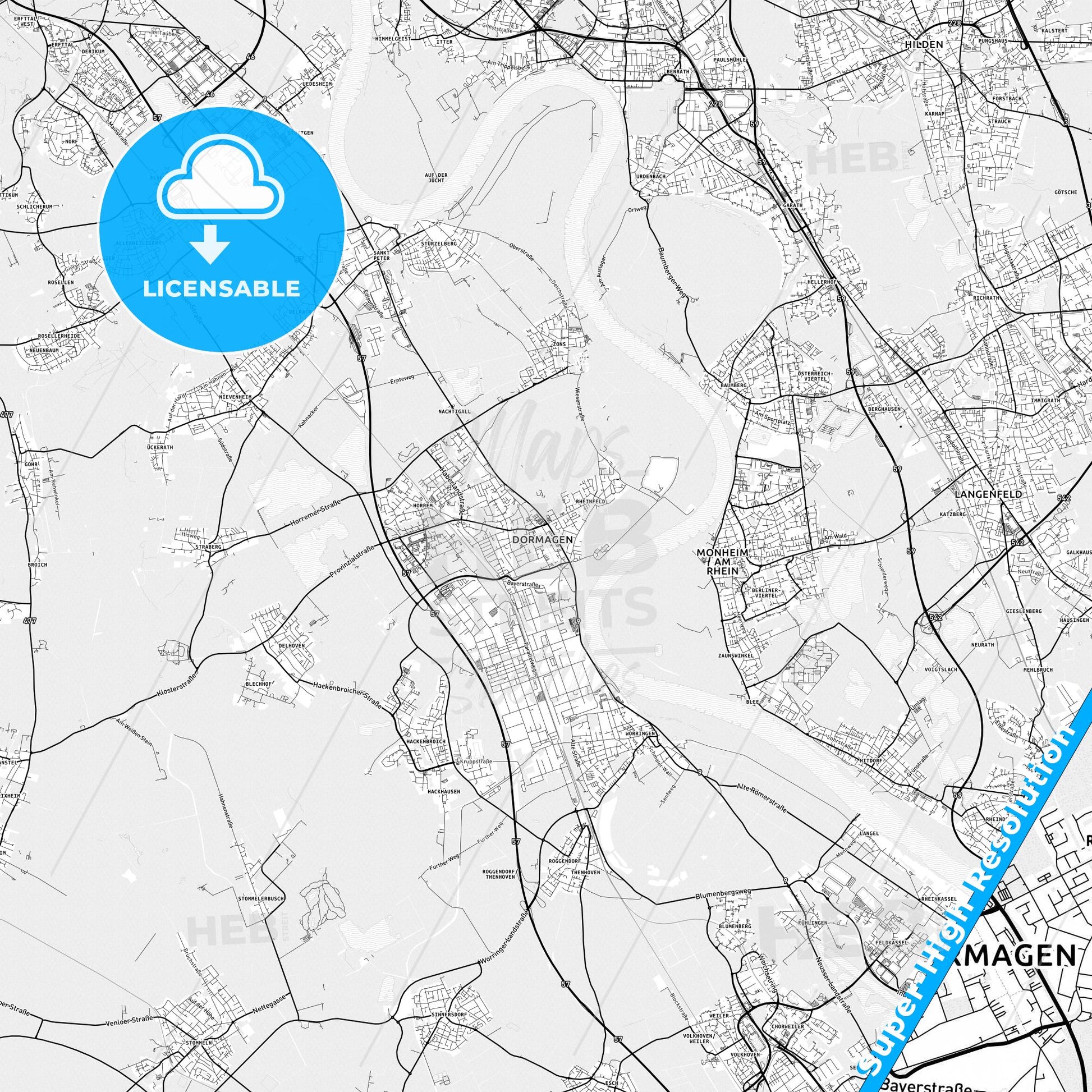 Dormagen, Germany light map with streetnames, citynames and districts