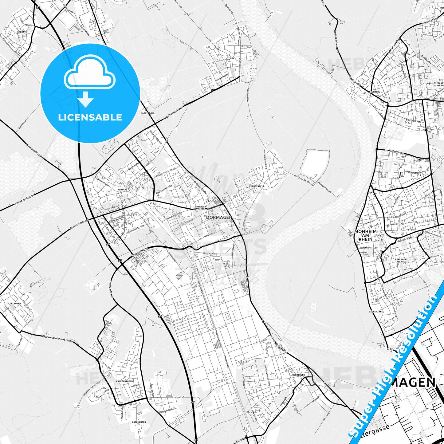 Dormagen, Germany Light Map with Street Names, City Names, and Districts