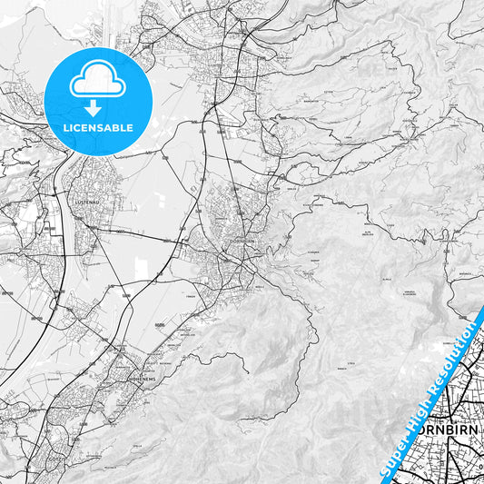 Dornbirn, Austria light map with streetnames, citynames and districts