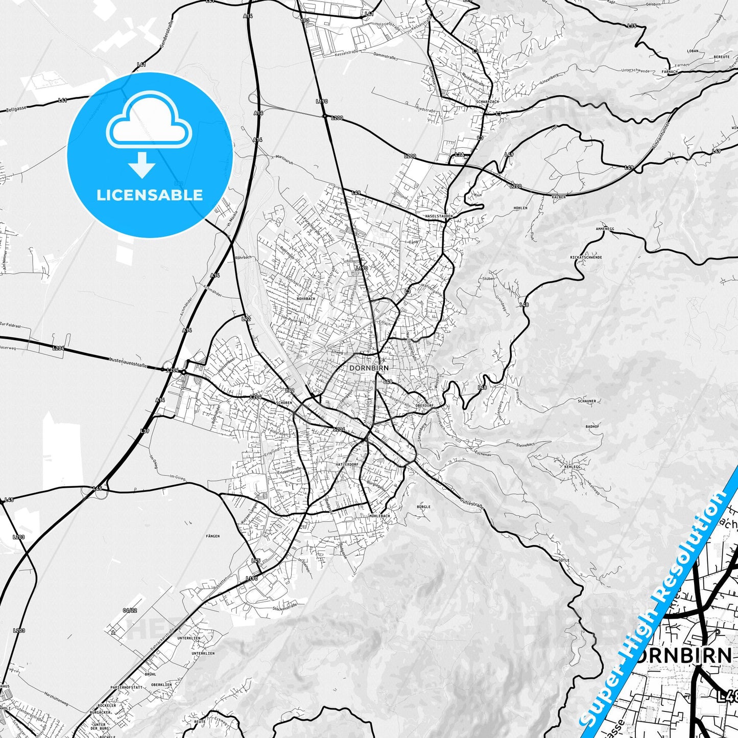 Dornbirn, Austria Light Map with Street Names, City Names, and Districts