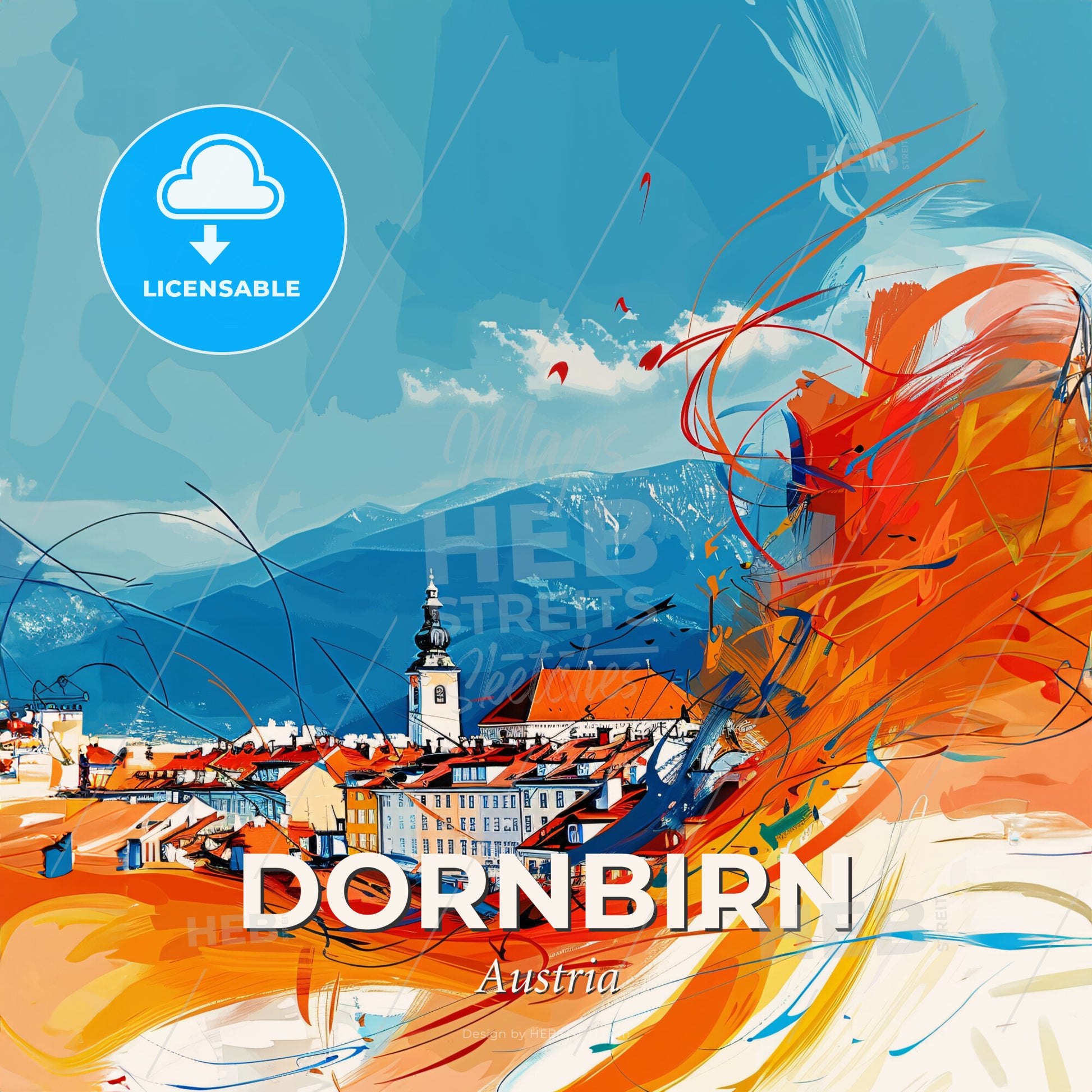 Vibrant Dornbirn, Austria - A Painting Of A Town With A Mountain In The Background - Square format print template