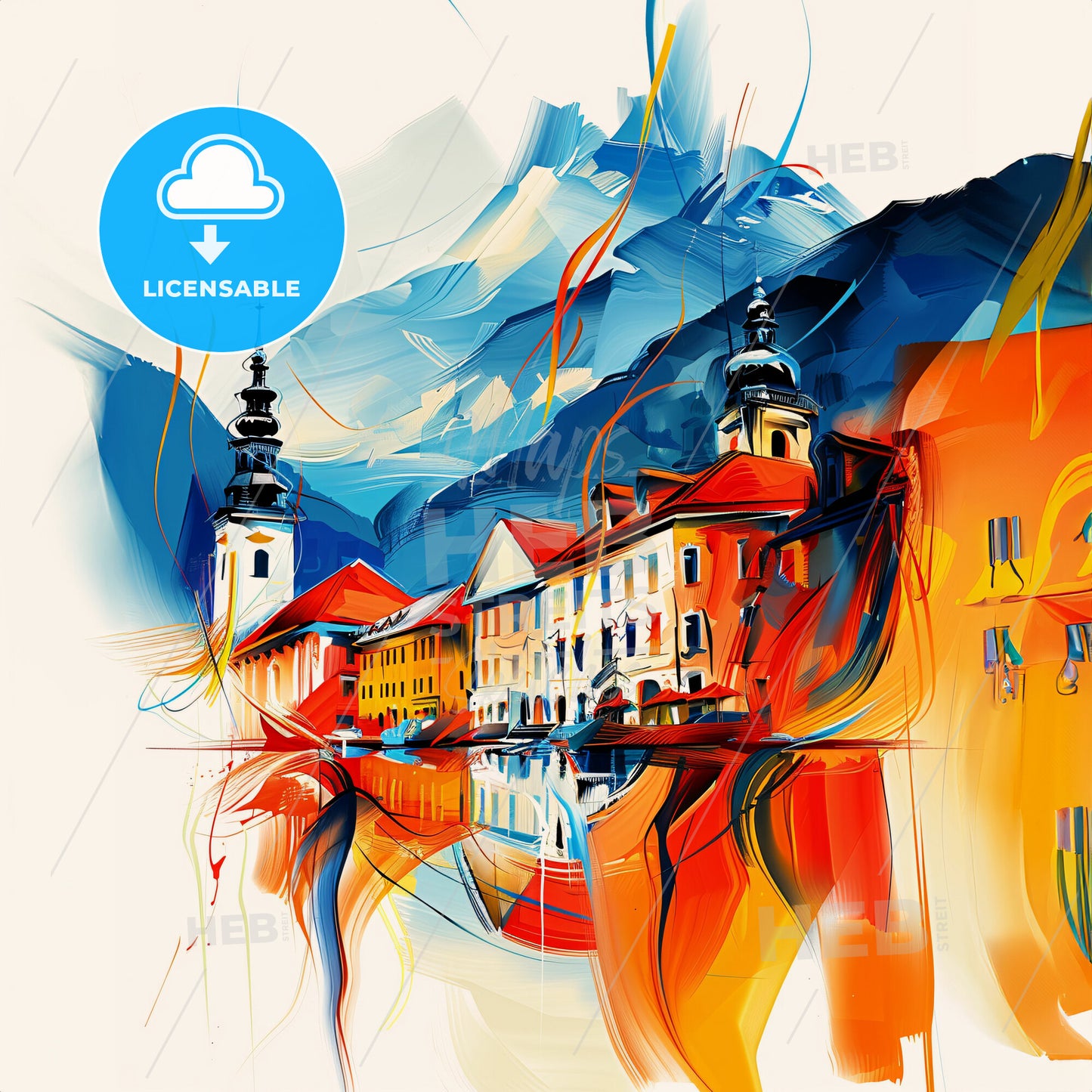 Vibrant Dornbirn, Austria - A Painting Of Buildings And Mountains