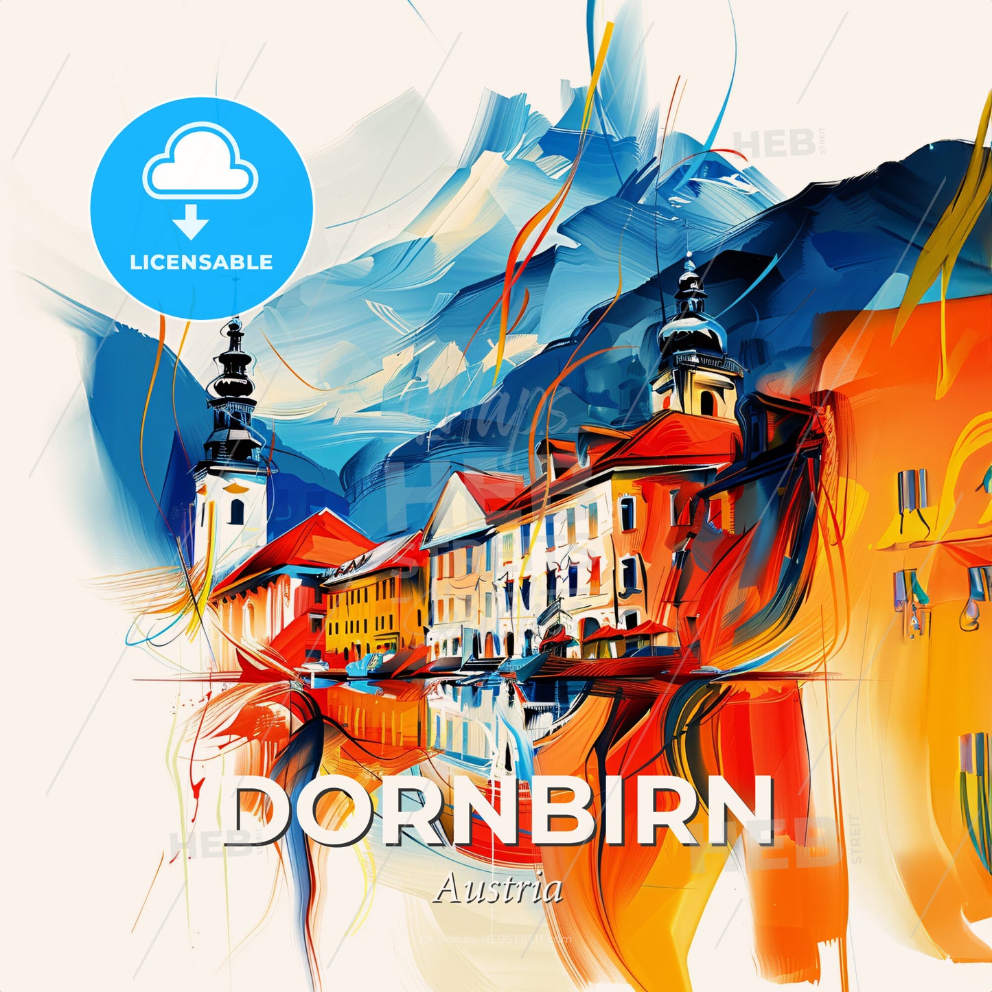 Vibrant Dornbirn, Austria - A Painting Of Buildings And Mountains - Square format print template