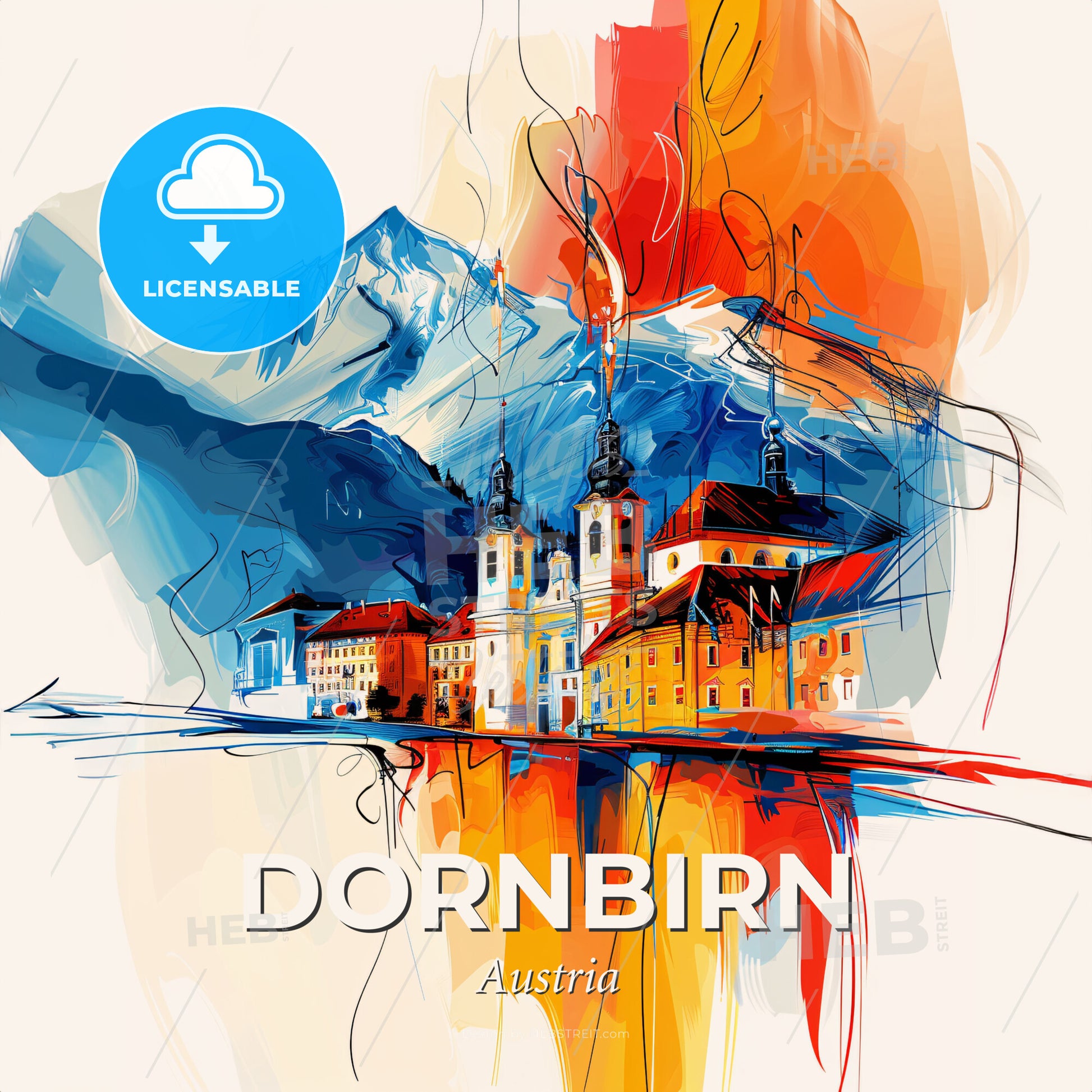Vibrant Dornbirn, Austria - A Painting Of A Town With A Mountain In The Background - Square format print template