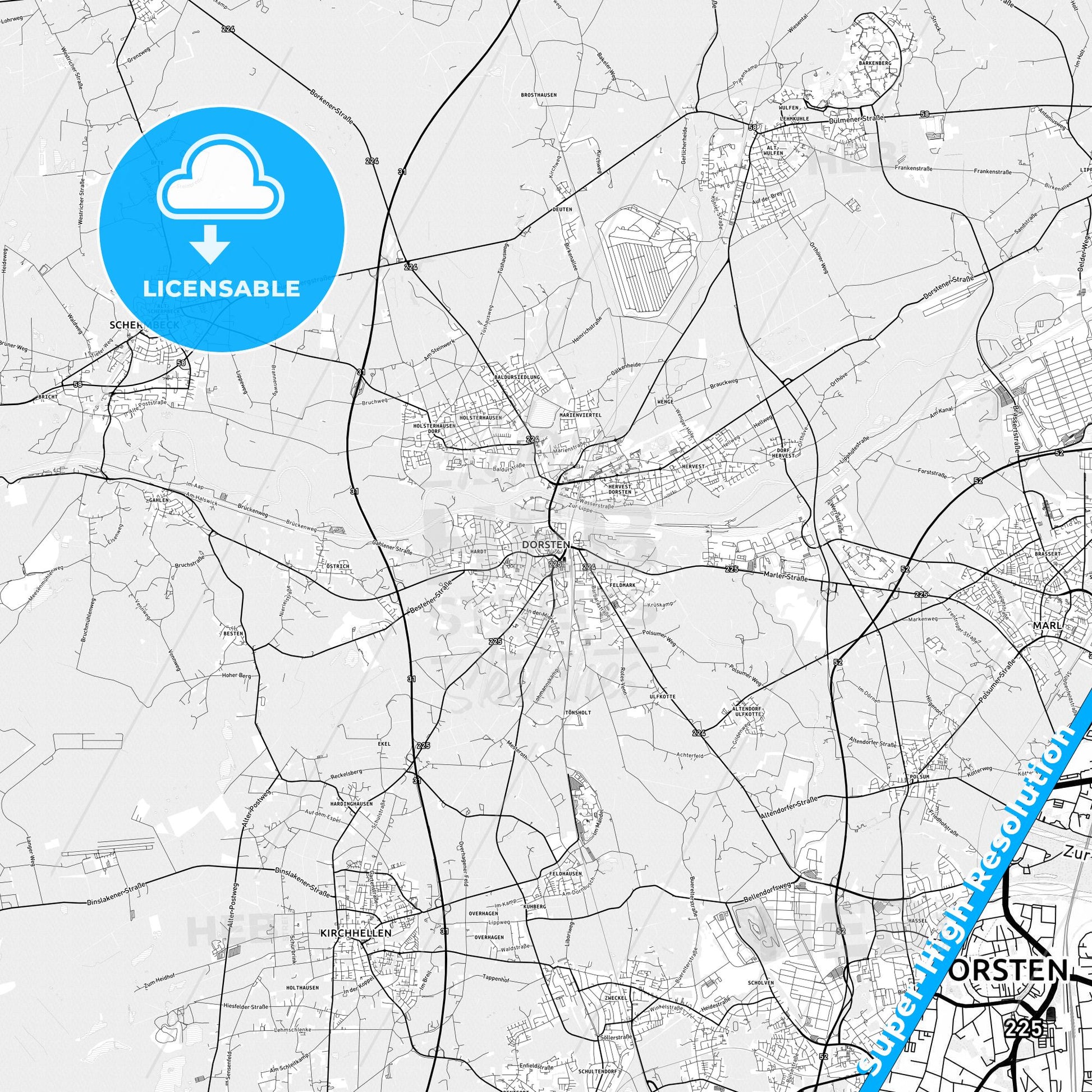 Dorsten, Germany light map with streetnames, citynames and districts
