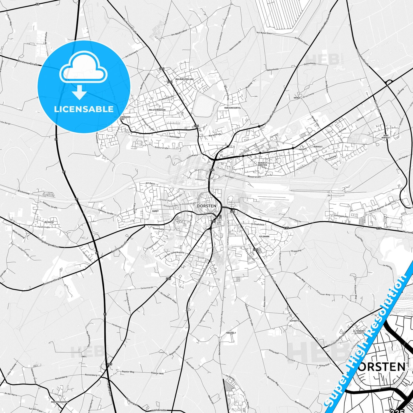 Dorsten, Germany Light Map with Street Names, City Names, and Districts