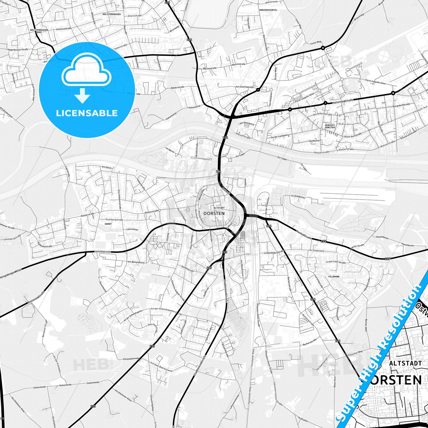 Dorsten, Germany Light Map with Street Names, City Names, and Districts