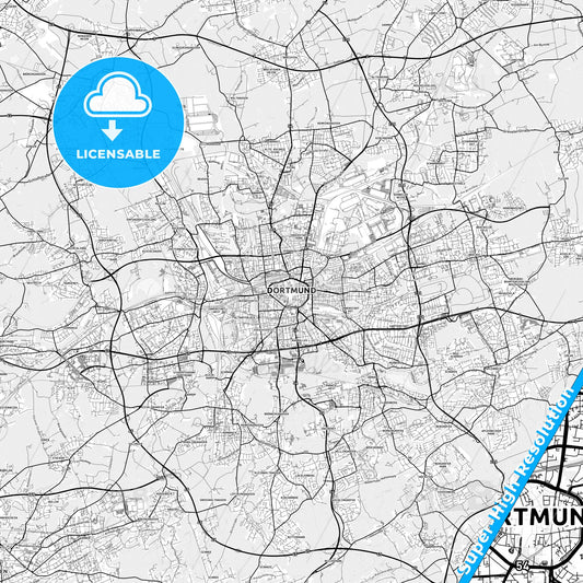 Dortmund, Germany light map with streetnames, citynames and districts