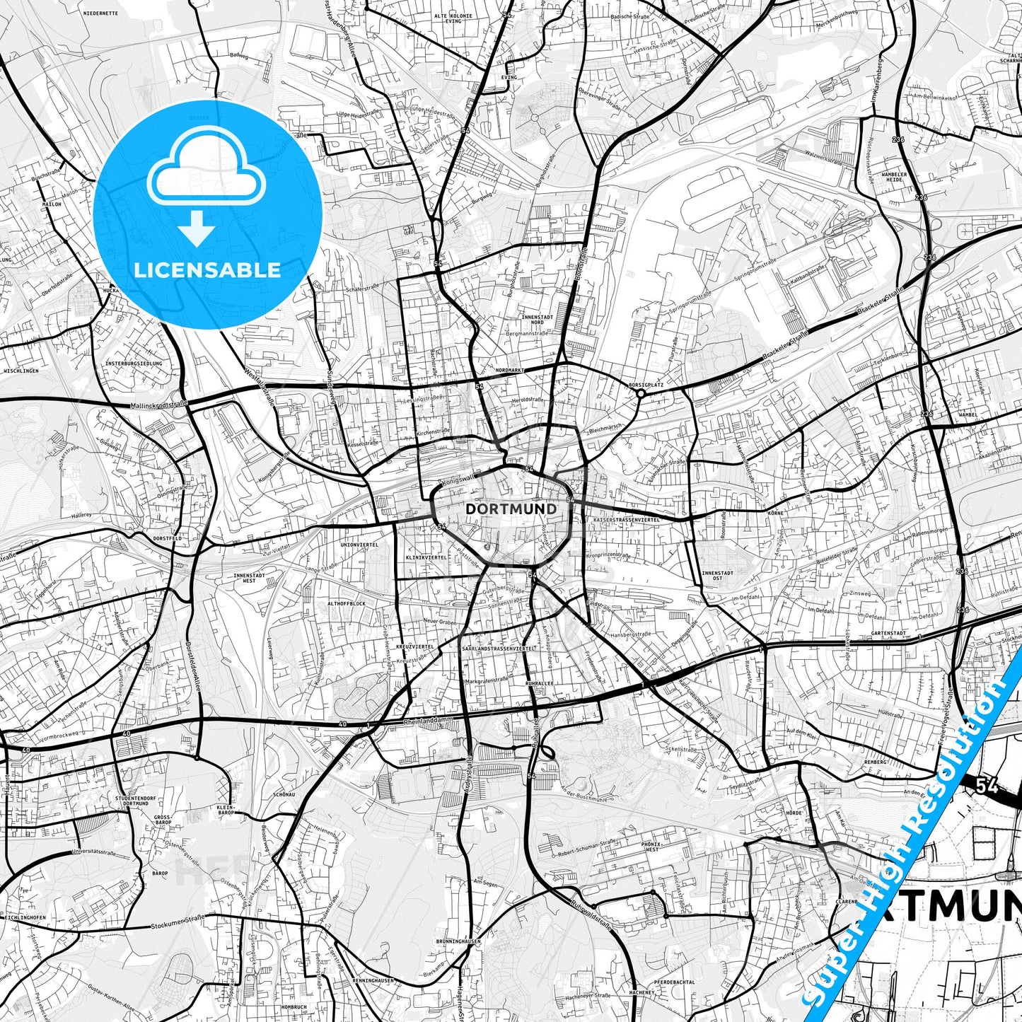 Dortmund, Germany Light Map with Street Names, City Names, and Districts