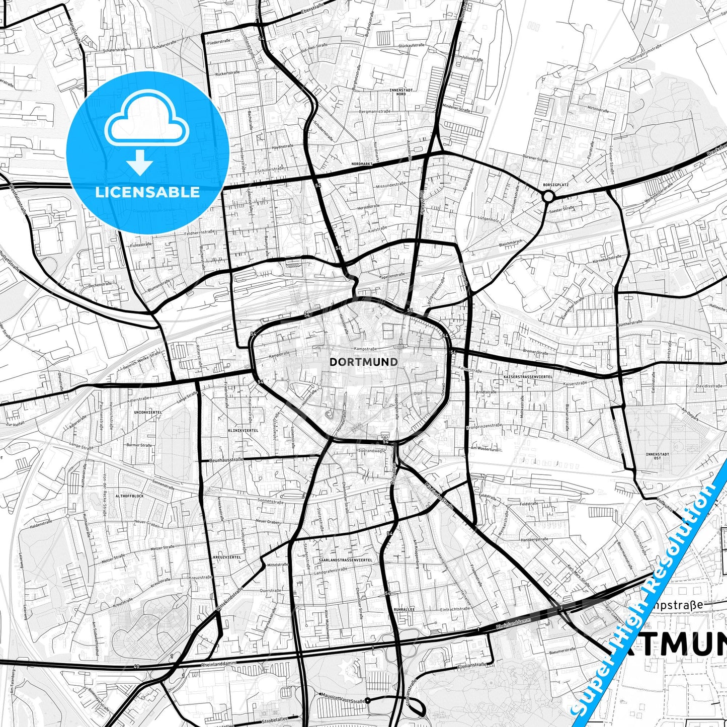 Dortmund, Germany Light Map with Street Names, City Names, and Districts