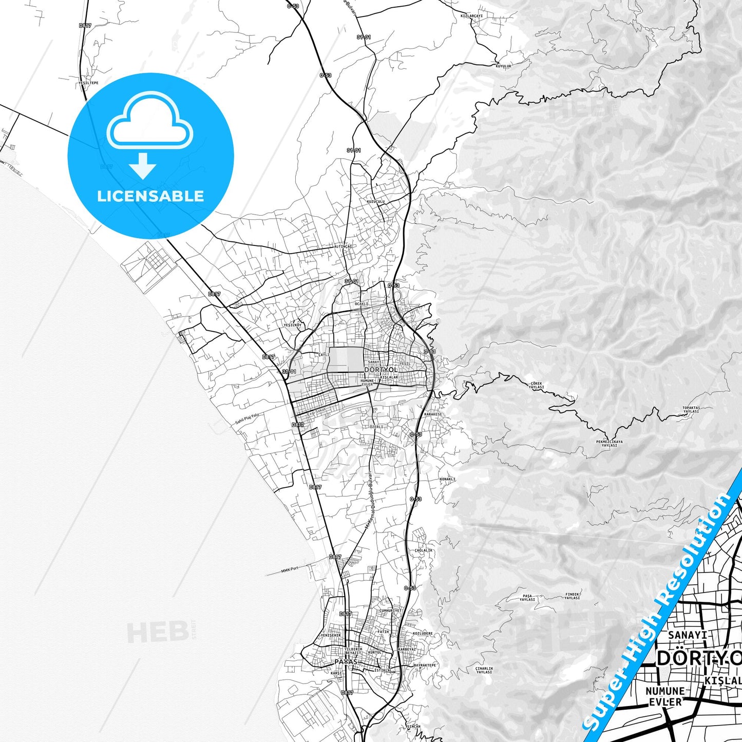 Dörtyol, Turkey light map with streetnames, citynames and districts