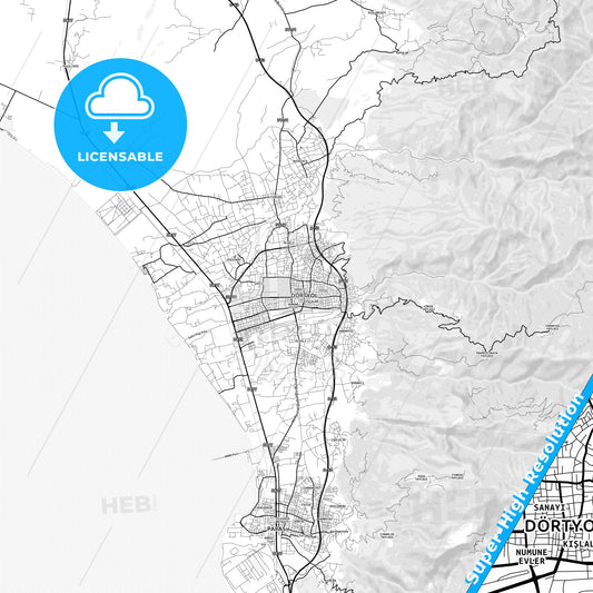 Dörtyol, Turkey light map with streetnames, citynames and districts