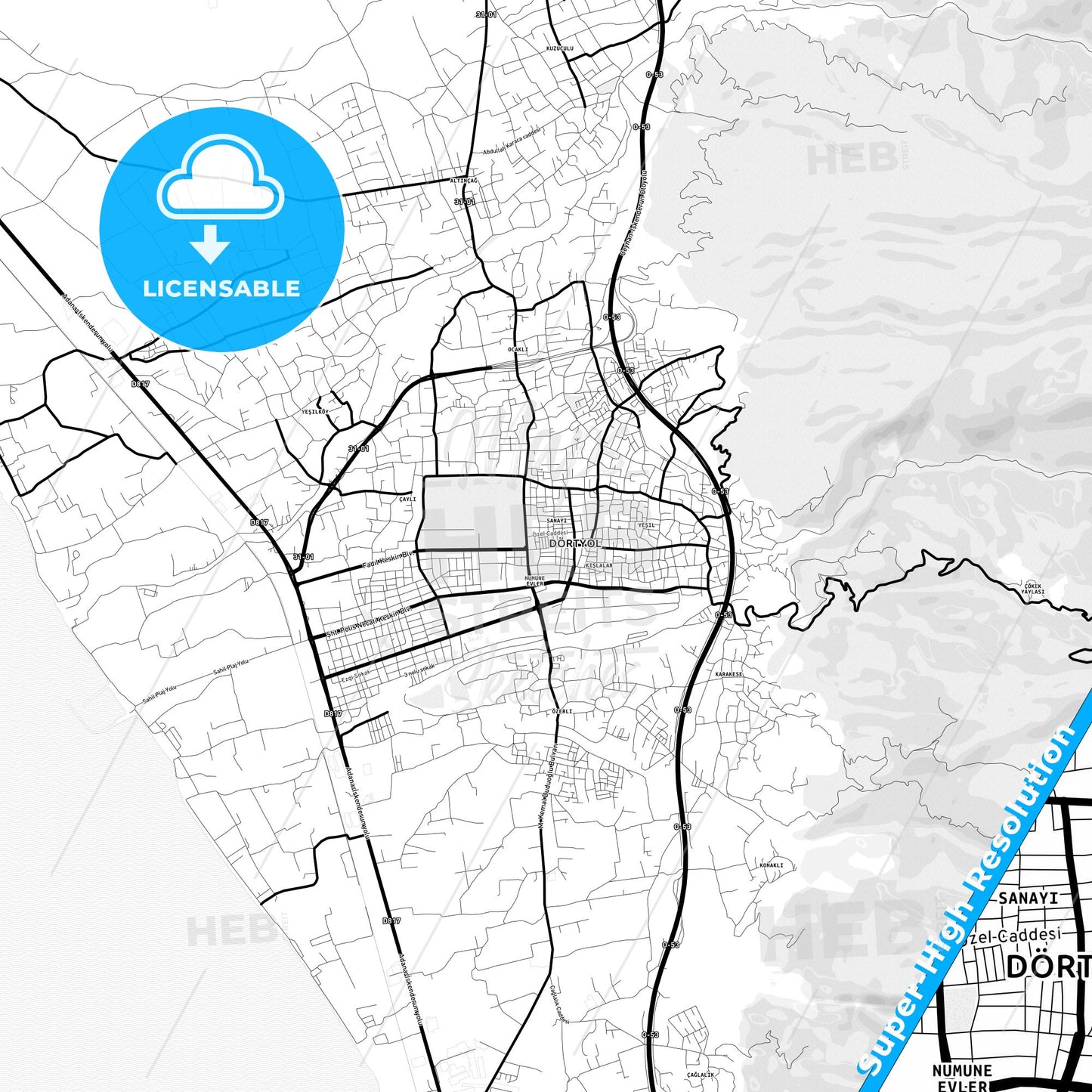 Dörtyol, Turkey Light Map with Street Names, City Names, and Districts