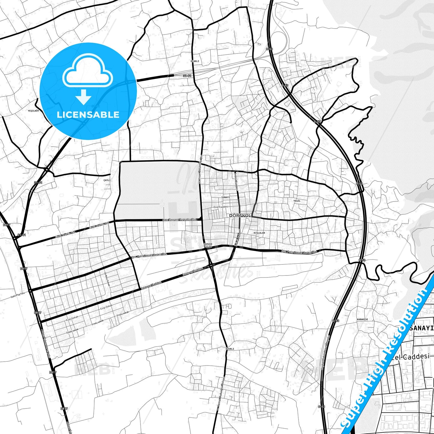 Dörtyol, Turkey Light Map with Street Names, City Names, and Districts