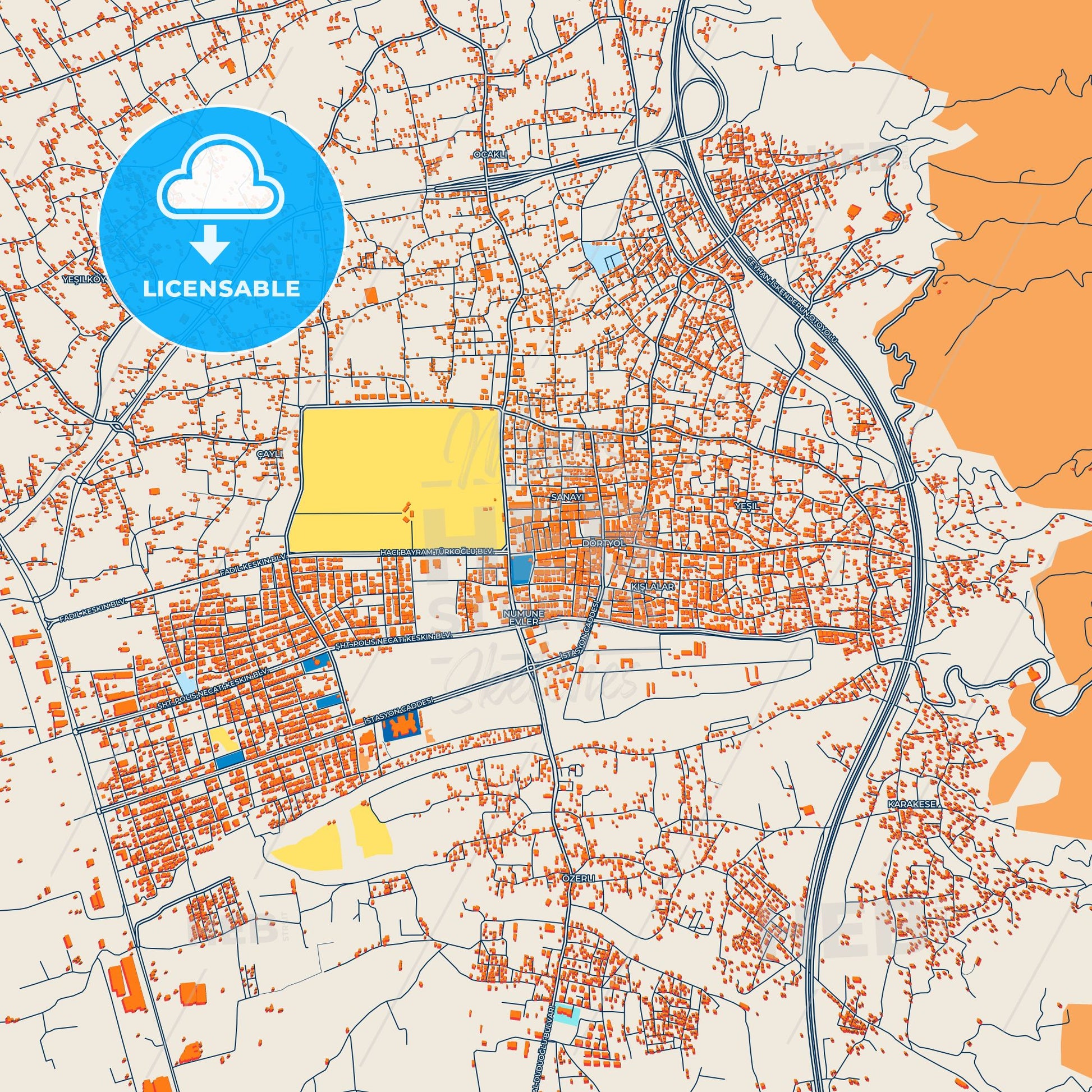 Colorful Dörtyol Street Map with Labels and Buildings
